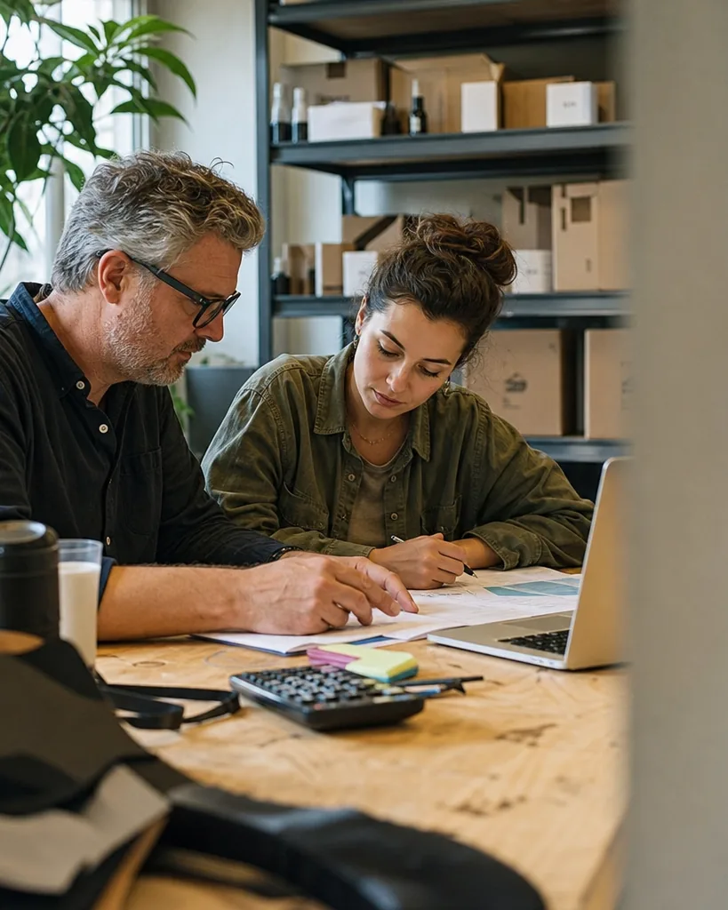 A founder and a marketer go through a printed monthly budget sheet at a workshop table with a calculator and sticky notes