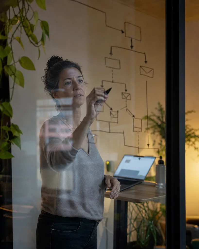 A lifecycle marketer sketches an email flow on a glass wall with a marker, laptop open on a tall table behind her